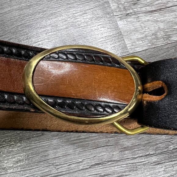 Vintage 80s Leather Brown Black Belt Baron Solid Bass Buckle main image 11